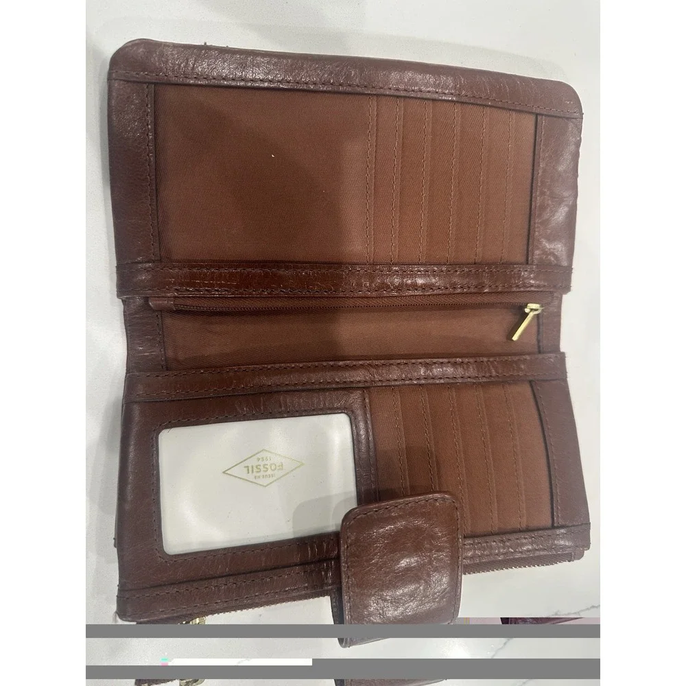 Fossil Brown Leather Clutch Wallet Organizer Snap Zip Multi Card Holder